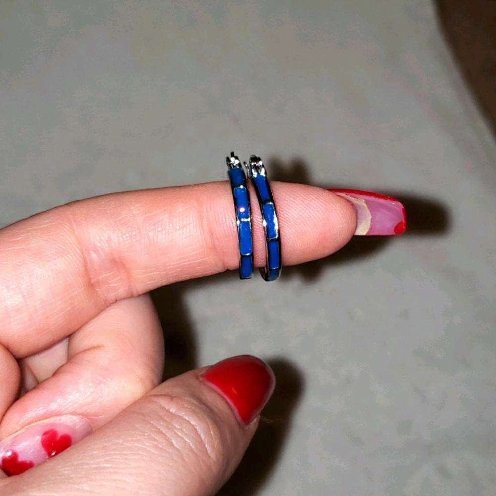 Blue and silver hoop earrings